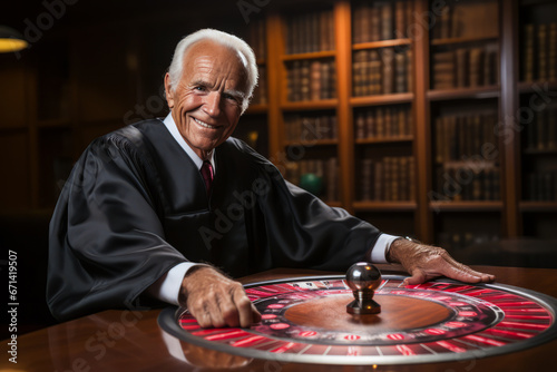 Judge playing roulette, implying biased justice. photo