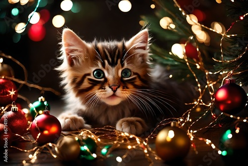 A Playful Kitten Entangled in Christmas Lights and Ornaments.
