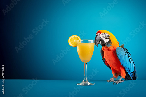  Parrot drinking cocktail on blue background