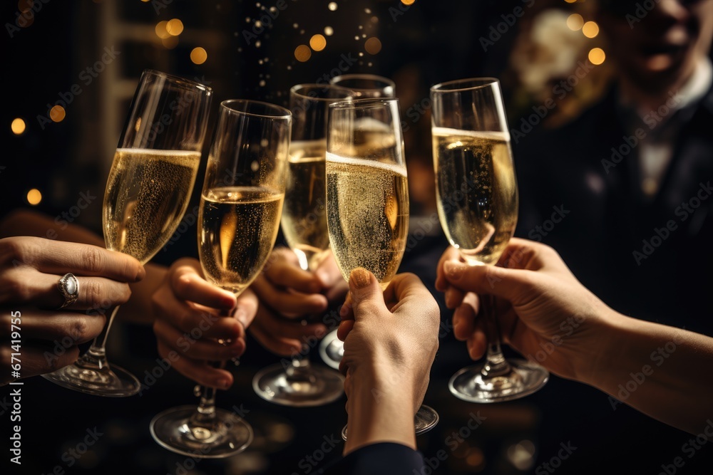 Clinking glasses of champagne in hands at New Year party. Cheers to the New Year. Generative AI