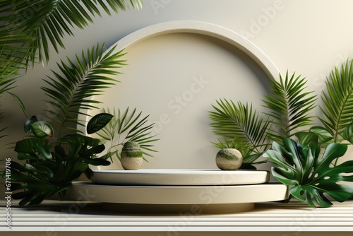 3D render of white background with tropical leaves and podiums  8k by Generative AI