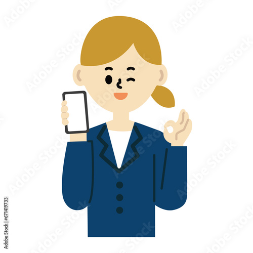 ビジネスパーソン　スマートフォン　OK スーツ　女性　イラスト　仕事
