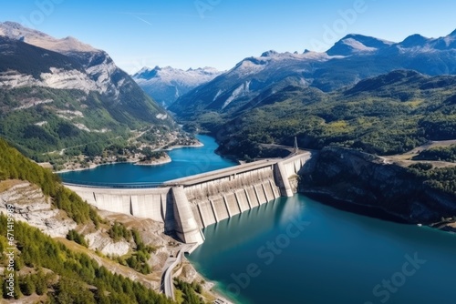 Water dam and reservoir lake aerial panoramic view photo
