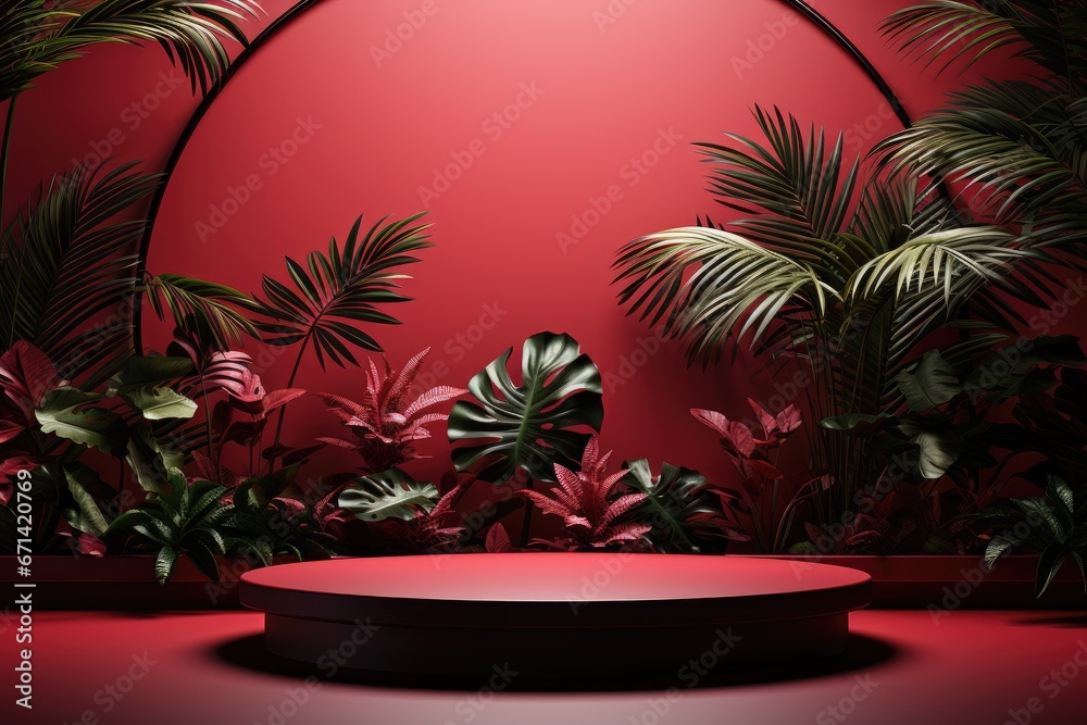 3D render of red background with tropical leaves and podiums, 8k by Generative AI 3D render of red background with tropical leaves and podiums, 8k by Generative AI