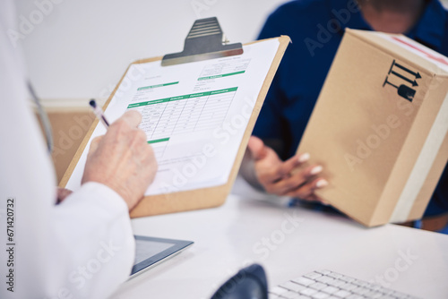 Doctor, delivery and hand with box at pharmacy for signing document with medication or logistics. Healthcare, worker and receive pharmaceutical stock with courier package with service person. photo