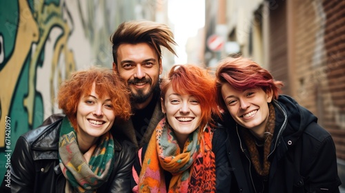 Close-up illustration of a happy family of four on a street in an urban environment