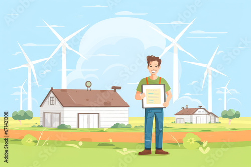 Farmer with carbon-neutral certificate, solar panels and wind turbines.
