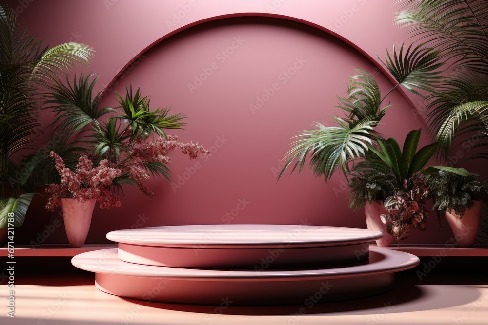 3D render of pink background with tropical leaves and podiums, 8k by Generative AI 3D render of pink background with tropical leaves and podiums, 8k by Generative AI