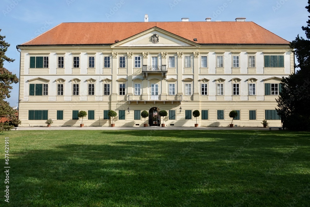 Valtice Castle, photo of the park from the back side. Baroque castle located in the town of Valtice in the district of Breclav in the Czech Republic. Since 1995 it has been protected as a national