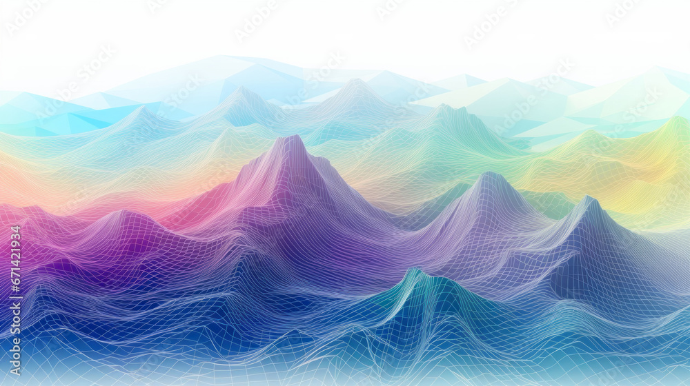 Colorful digital facet design in the shape of sound waves or mountain on white background