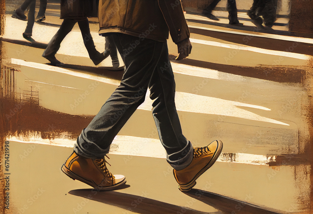 Fototapeta premium The rhythm of the streets of the business center of the city. Legs of unrecognizable people who are walking in a crowd. AI generative.