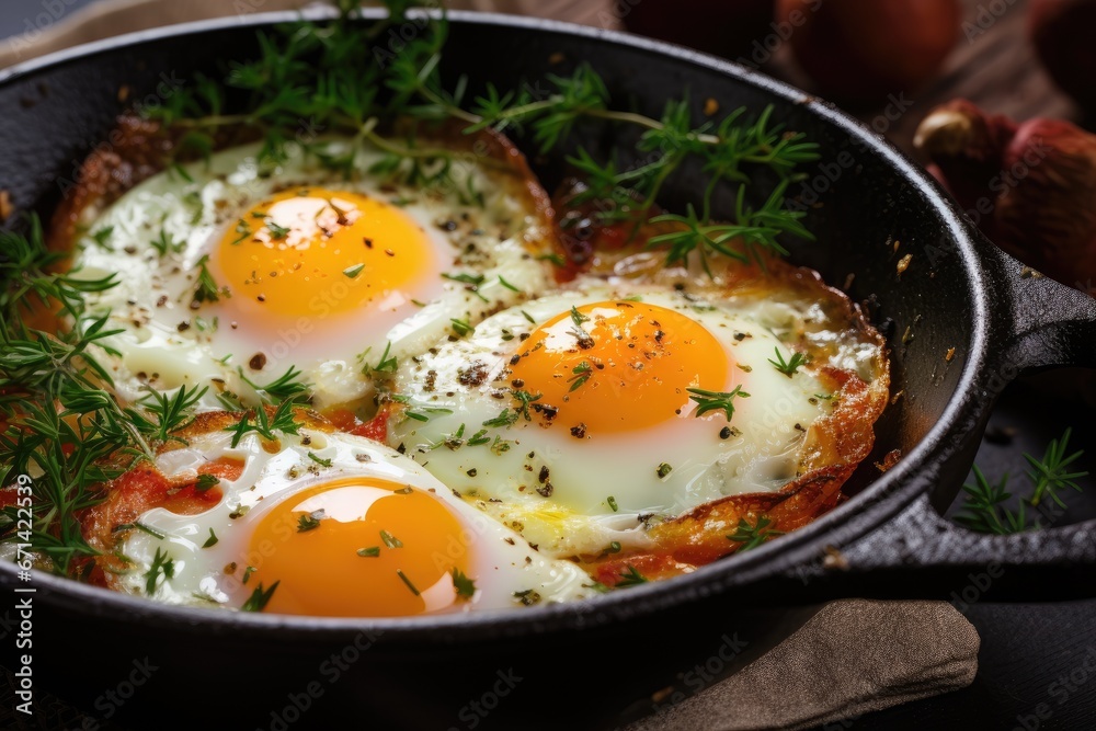 Fried eggs cooked with spices and herbs in a pan. Delicious hot dish, close-up. Generative AI Fried eggs cooked with spices and herbs in a pan. Delicious hot dish, close-up. Generative AI