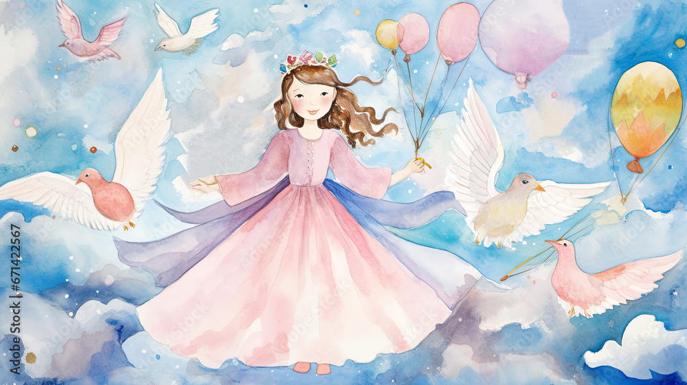 Little smiling girl in dress on light background. Impressionism style. Happy child Little smiling girl in dress on light background. Impressionism style. Happy child