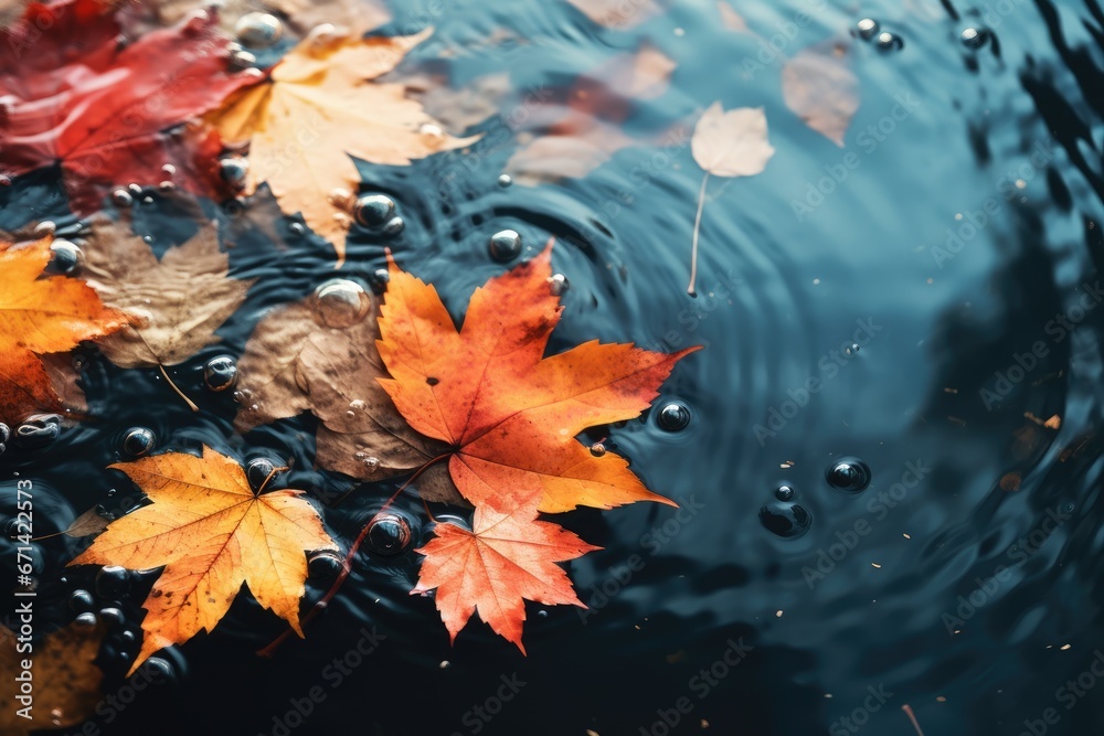 Colorful fall leaves in pond lake water, floating autumn leaf. Generative AI Colorful fall leaves in pond lake water, floating autumn leaf. Generative AI