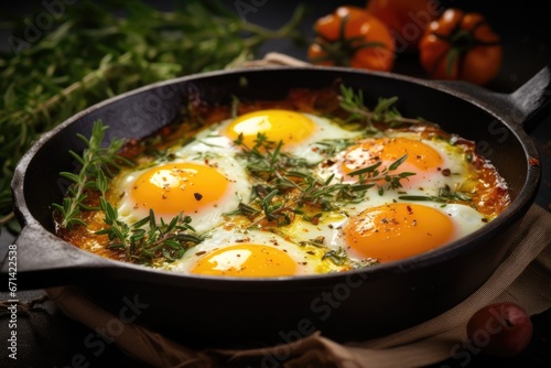 Fried eggs cooked with spices and herbs in a pan. Delicious hot dish, close-up. Generative AI