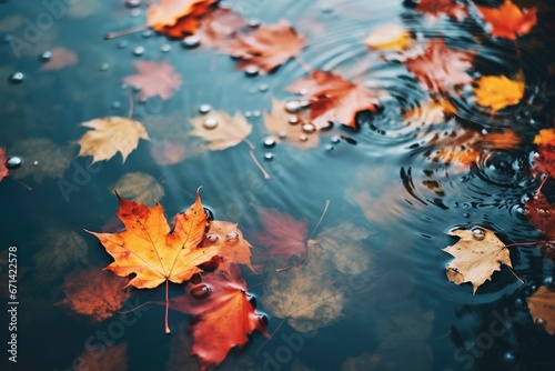 Colorful fall leaves in pond lake water  floating autumn leaf. Generative AI