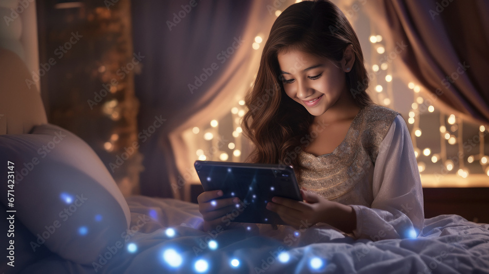 Little girl child using digital tablets till late night Little girl child using digital tablets till late night