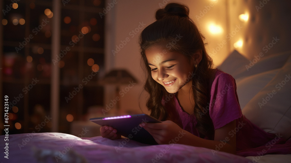 beautiful indian girl using tablet at home - obrazy, fototapety, plakaty 