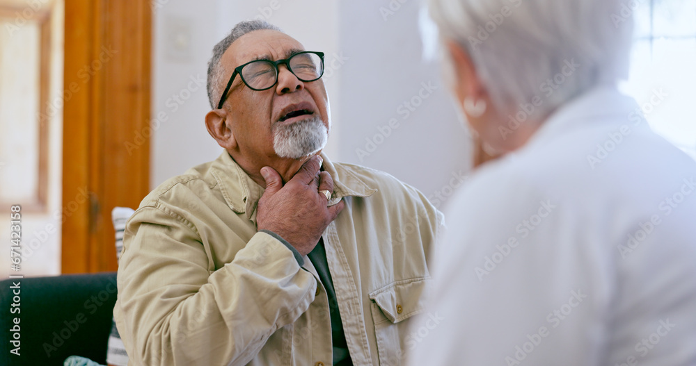 Senior man, doctor and sore throat with pain, consultation and checkup in nursing home. Elderly person, medical professional and thyroid problem or sick, exam and trust for healthcare in retirement Senior man, doctor and sore throat with pain, consultation and checkup in nursing home. Elderly person, medical professional and thyroid problem or sick, exam and trust for healthcare in retirement