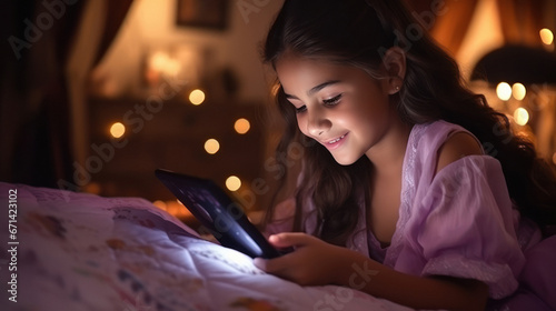 Little girl child using digital tablets till late night