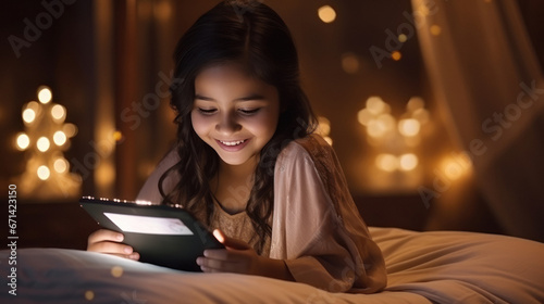 Little girl child using digital tablets till late night