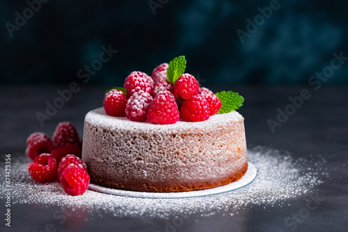 Cake with raspberries on top of it on plate.