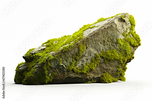 Rock covered in moss with white background behind it.