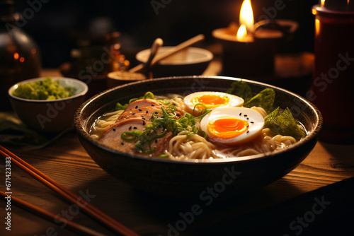 Bowl of ramen with egg on top of it.