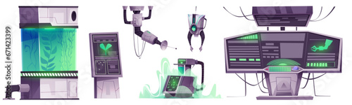 Equipment and machinery for space research laboratory. Cartoon interior elements for scientific experiments on spaceship - computers and monitors with graphs, robots and plants in capsule with liquid.