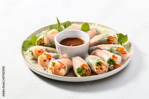 Photo of a bowl of Vietnamese spring rolls with peanut sauce against a clean white backdrop. Generative AI