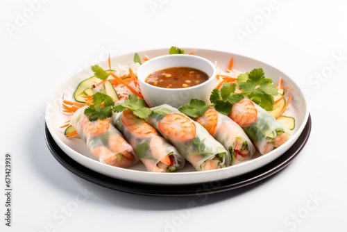 Photo of a bowl of Vietnamese spring rolls with peanut sauce against a clean white backdrop. Generative AI