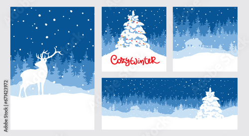 Abstract landscape with a snowy forest, small house and deer. Set of vector backgrounds various formats, Christmas wallpapers.