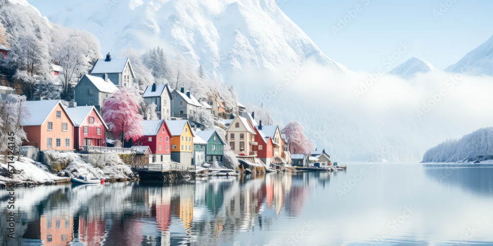 Scandinavian winter peaceful landscape of foggy morning in a Norwegian fjord village, with soft pastels of the houses reflecting in calm water. Beautiful mountain landscape in winter. Copy space - obrazy, fototapety, plakaty 