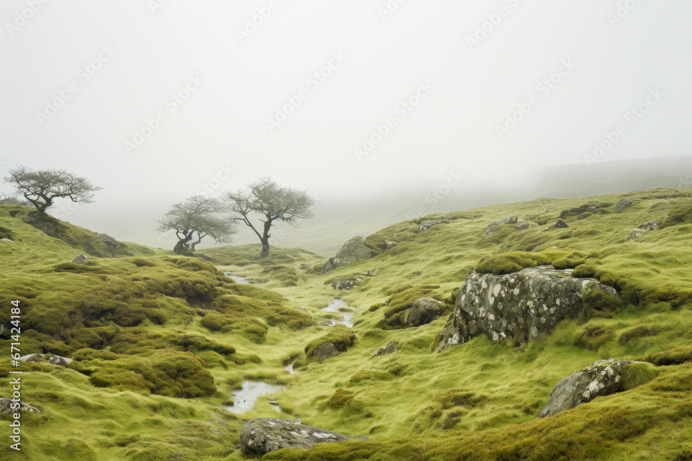 Verdant hills shrouded in mist, with mossy stones and sparse trees, evoke a natural haven, ideal for ecotourism and serene backdrops or illustrating nature's quiet Verdant hills shrouded in mist, with mossy stones and sparse trees, evoke a natural haven, ideal for ecotourism and serene backdrops or illustrating nature's quiet