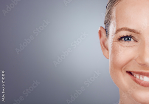 Half face, woman and mockup portrait of beauty for wellness, studio and happy salon results. Closeup model, split facial and skincare of facial aesthetic, laser dermatology and smile on mock up space