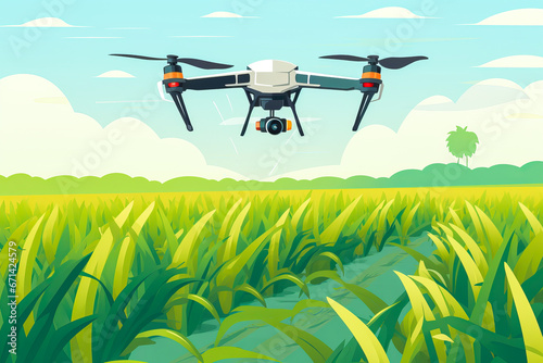 Drone surveying healthy cornfield in flat design style.