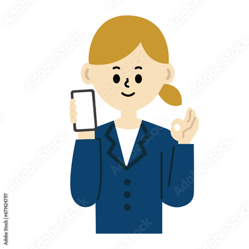 ビジネスパーソン　スマートフォン　OK スーツ　女性　イラスト　仕事