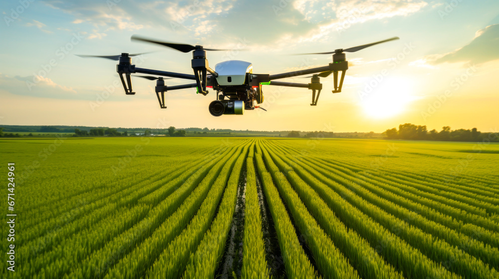 Drone over lush cornfield assessing crop health. Drone over lush cornfield assessing crop health.