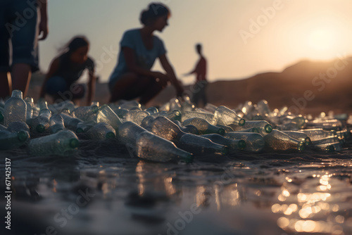 Silhouettes of people against the background of a beach polluted with plastic bottles. 