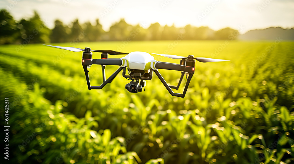 Drone surveying healthy crops in lush cornfield. - obrazy, fototapety, plakaty 