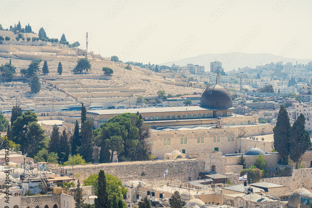 View of the Al-Aqsa Mosque in al-Haram al -Sharif for muslims or the Temple Mount for Jewish, Old City of Jerusalem cityscape