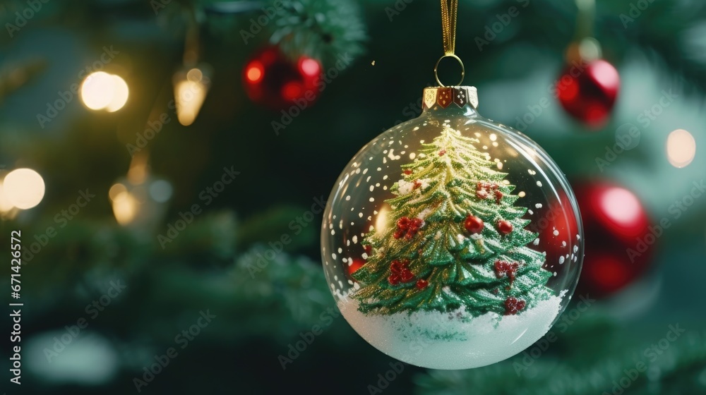 Obraz premium Christmas and New Year holiday background. Christmas decorations ball hanging on the Christmas tree. Xmas festive