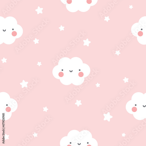 Moon, Sun, Cloud and Stars Cute Seamless Pattern, Cartoon Vector Illustration, Cute Kawaii Cartoon Drawn Background, Isolated Background