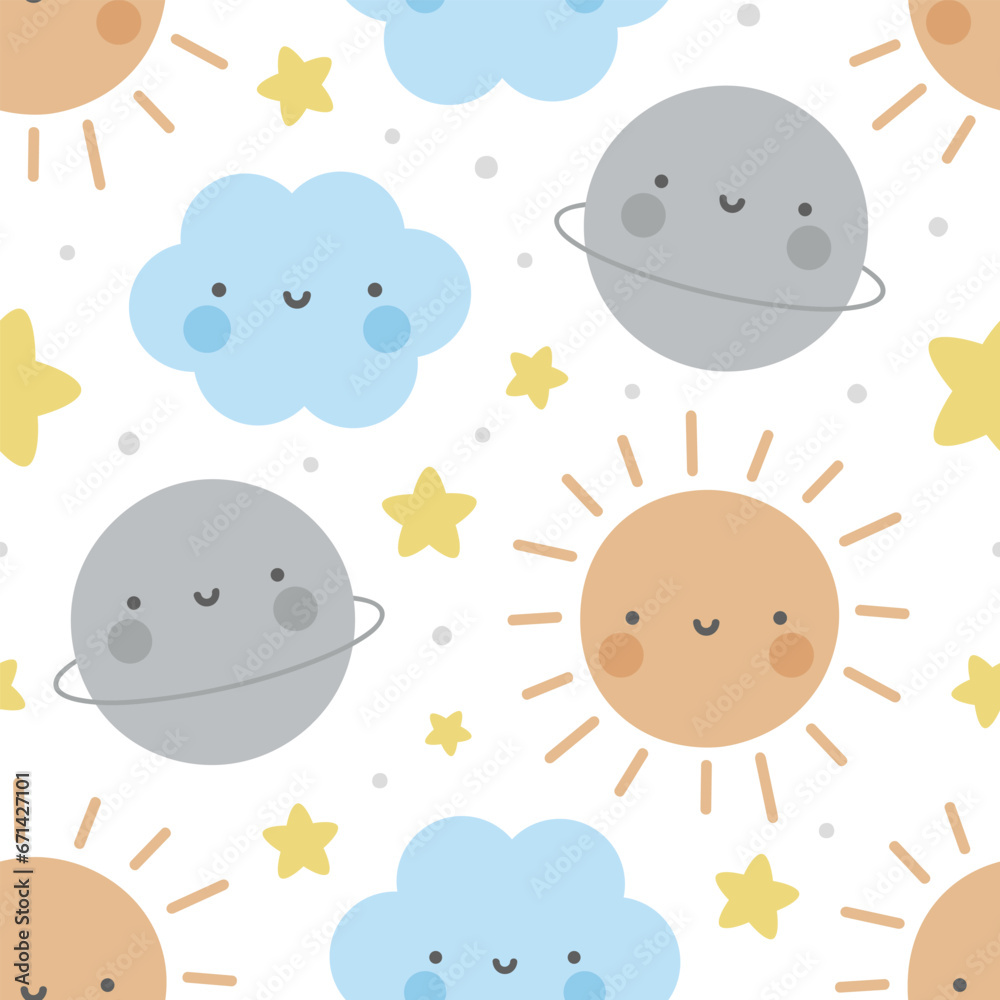 Moon, Sun, Cloud and Stars Cute Seamless Pattern, Cartoon Vector Illustration, Cute Kawaii Cartoon Drawn Background, Isolated Background