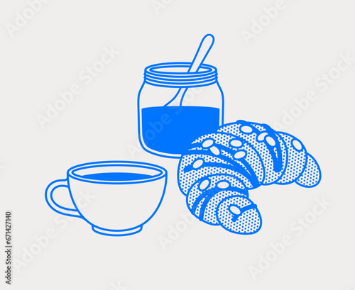 Croissant with coffee cup and jar with honey. Line art, retro. Vector illustration for bars, cafes, and restaurants.