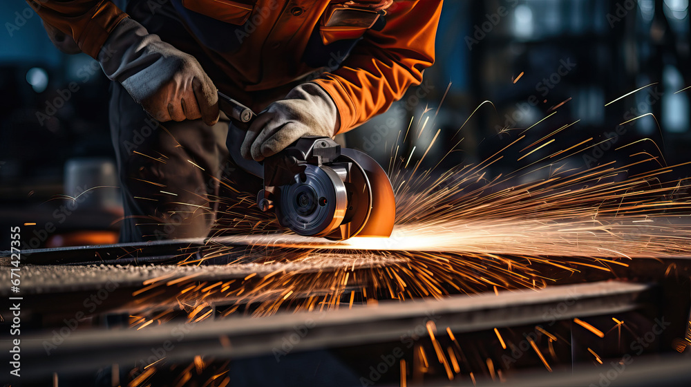 Industrial workers in a factory welding steel structure with sparks. Metalwork manufacturing and construction concept Industrial workers in a factory welding steel structure with sparks. Metalwork manufacturing and construction concept