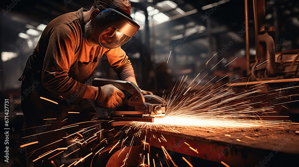 Industrial workers in a factory welding steel structure with sparks. Metalwork manufacturing and construction concept
