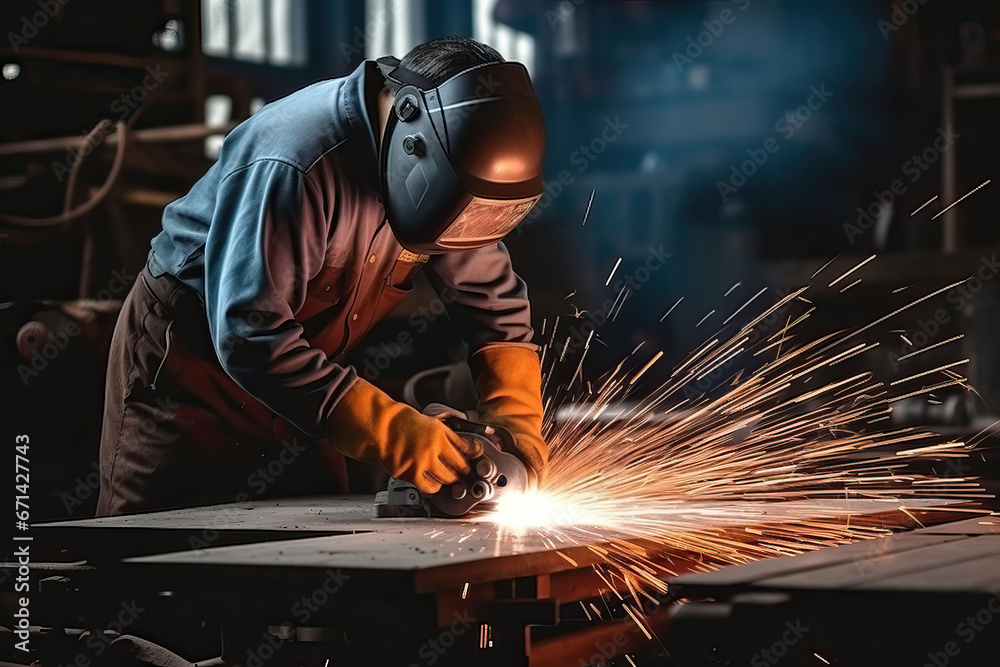 Industrial workers in a factory welding steel structure with sparks. Metalwork manufacturing and construction concept Industrial workers in a factory welding steel structure with sparks. Metalwork manufacturing and construction concept