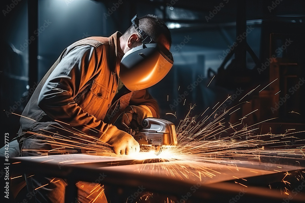 Industrial workers in a factory welding steel structure with sparks. Metalwork manufacturing and construction concept