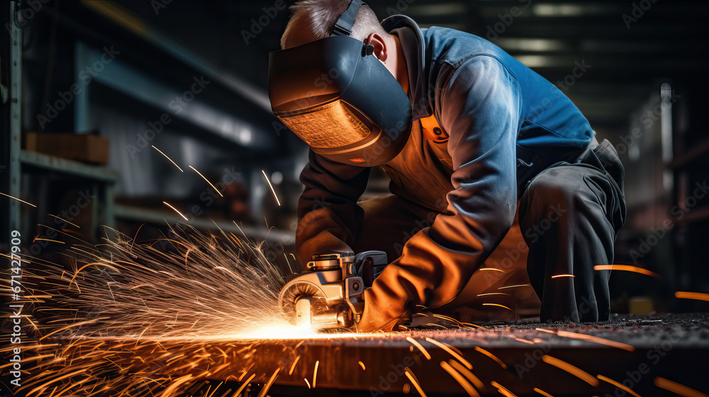 Industrial workers in a factory welding steel structure with sparks. Metalwork manufacturing and construction concept Industrial workers in a factory welding steel structure with sparks. Metalwork manufacturing and construction concept
